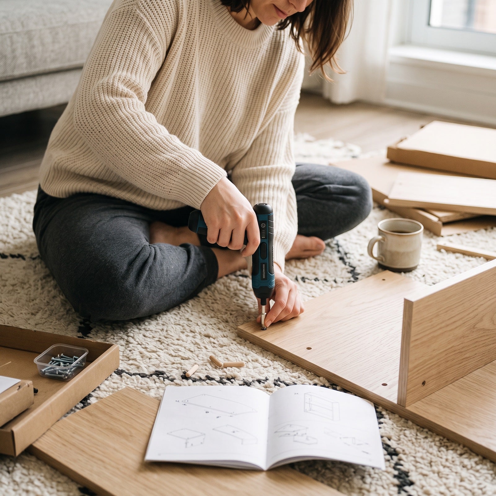 Woman assembling a flatpack bookcase on the floor with Turnwell