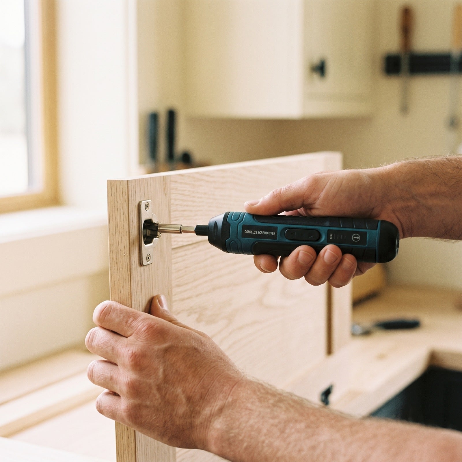Hand holding Turnwell beside a cabinet screw and its torque controls