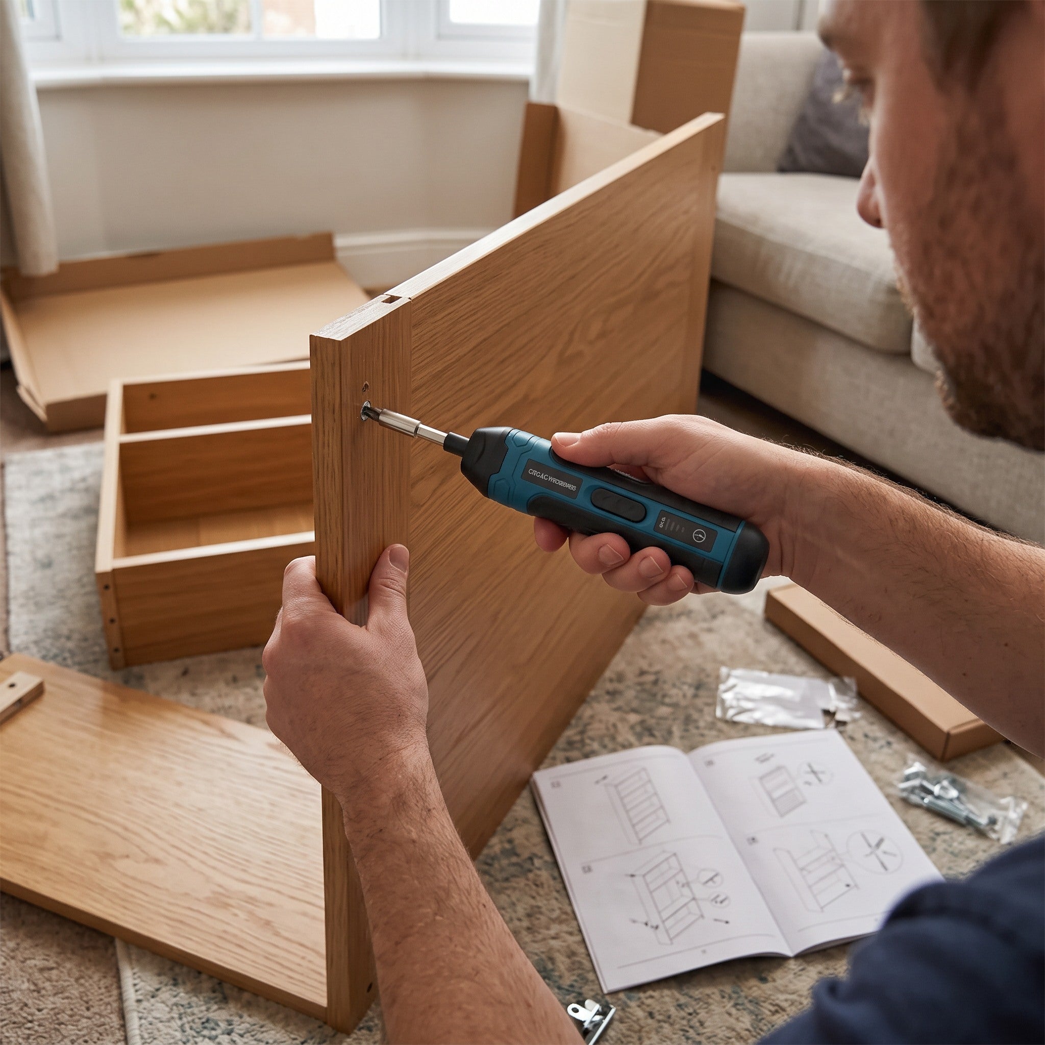Owner POV tightening a drawer handle with Turnwell