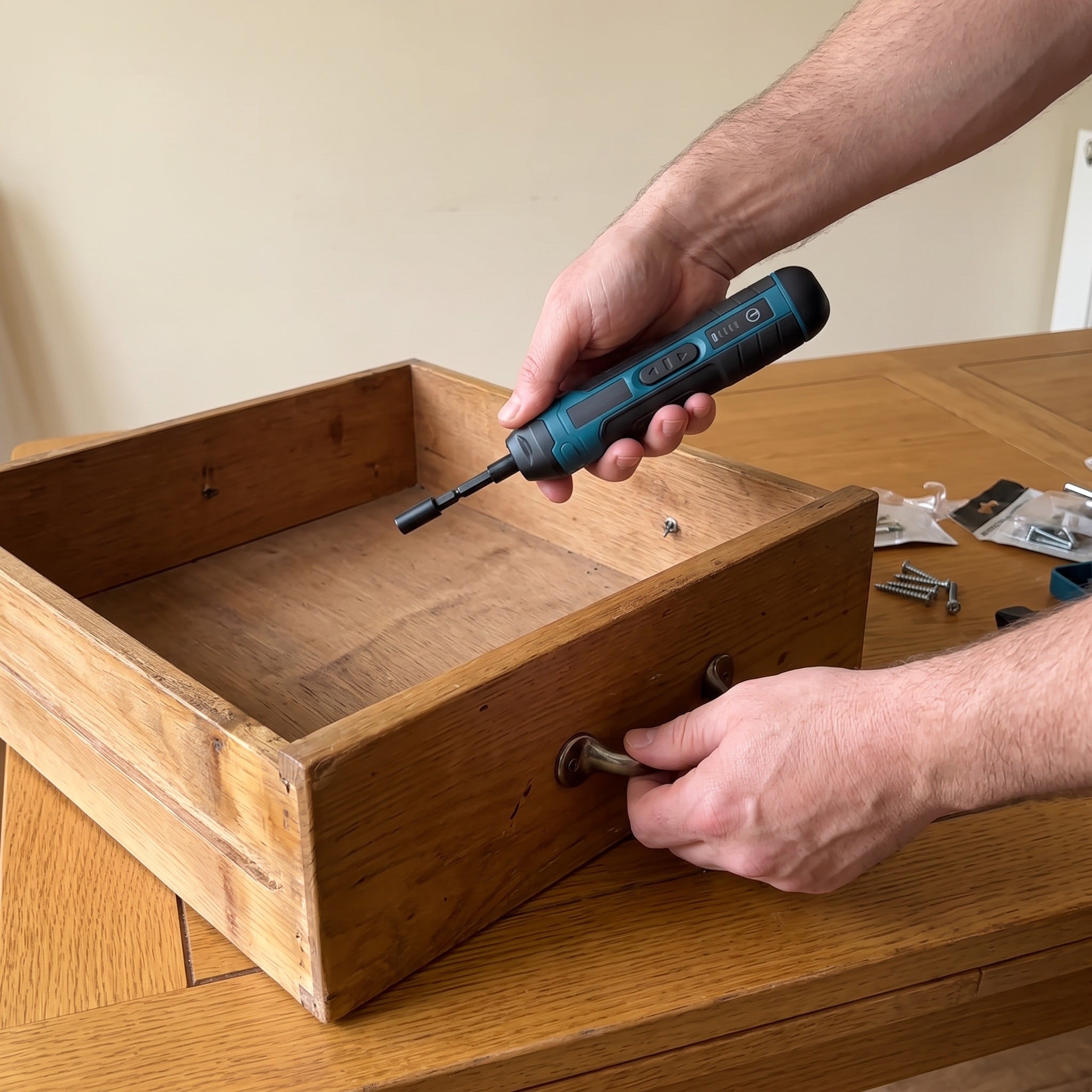 Hand holding Turnwell aligned with a cabinet hinge screw