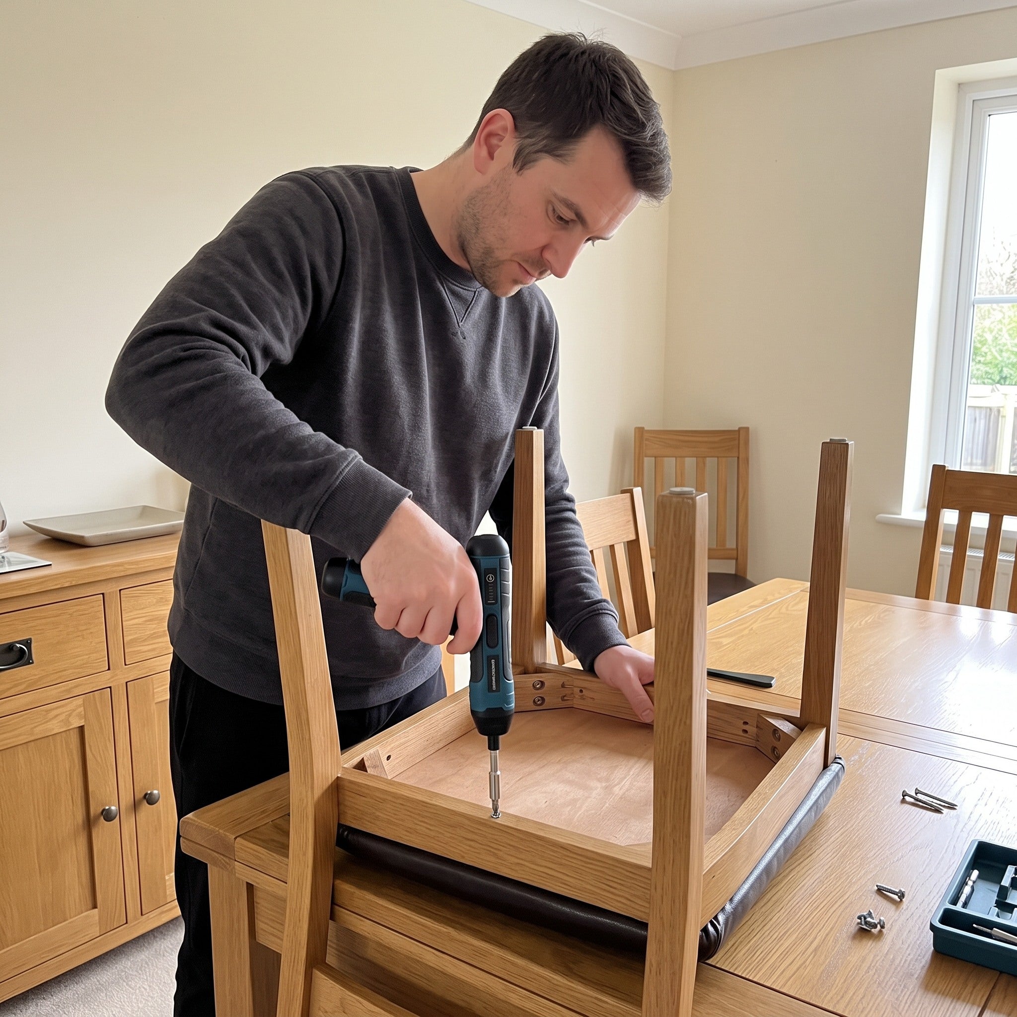 Wider home view of a person tightening a furniture screw