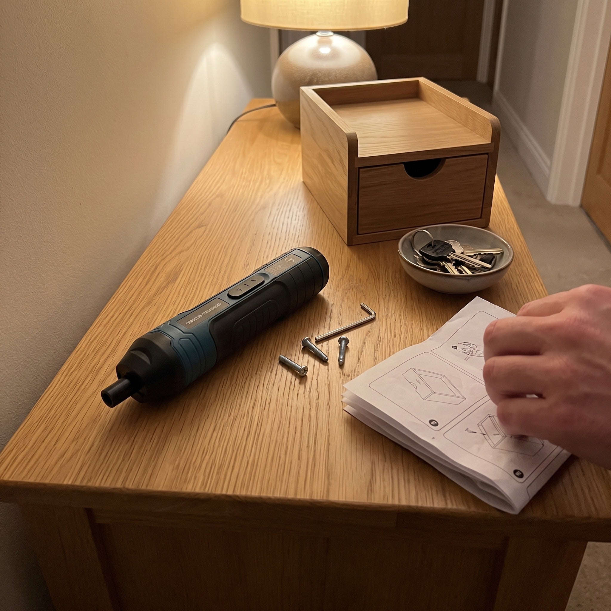Turnwell resting beside a finished shelf and spare screws