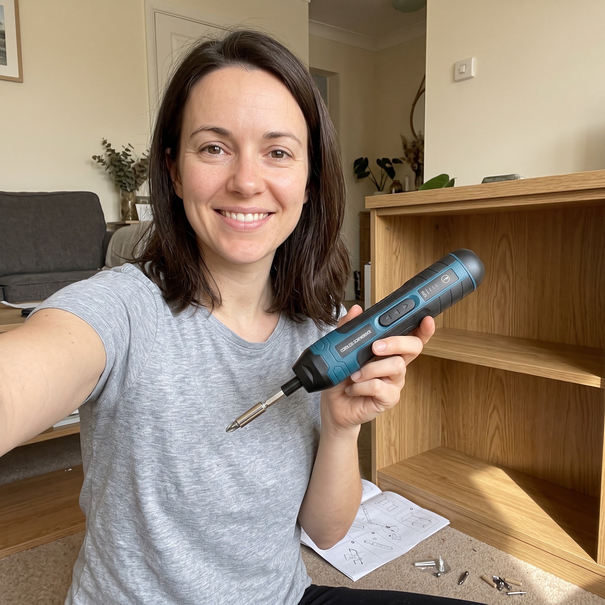 Woman taking a casual selfie beside her finished shelf with Turnwell
