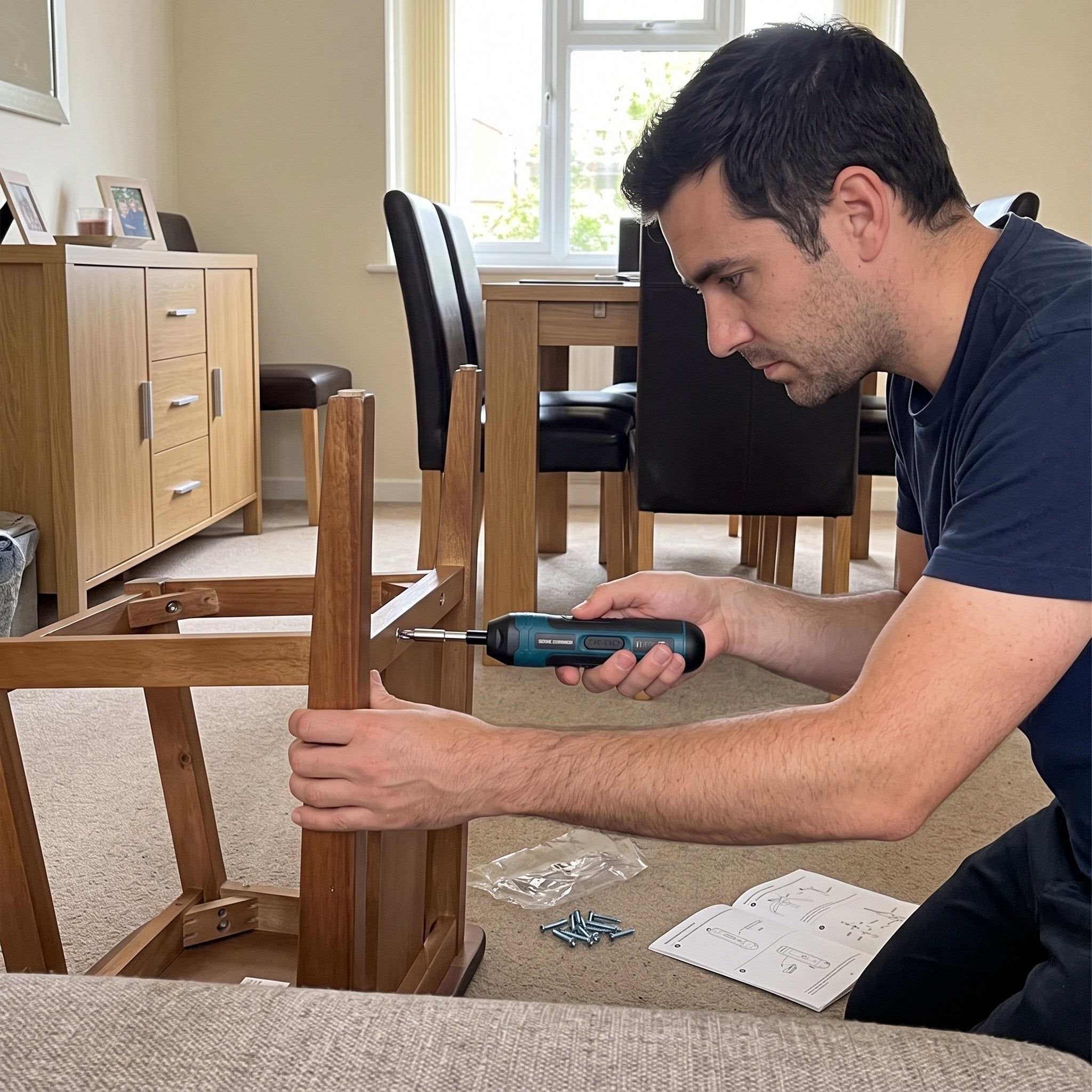 Man beside a wooden stool assembly with Turnwell