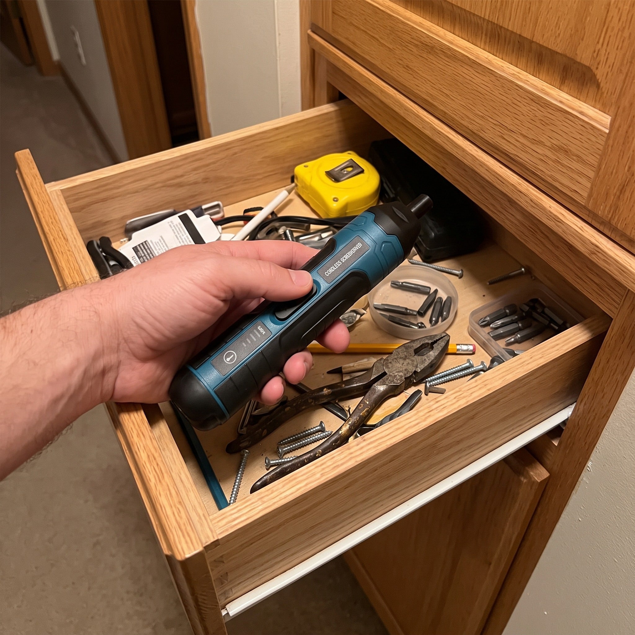 Owner putting Turnwell away in a hallway tool drawer
